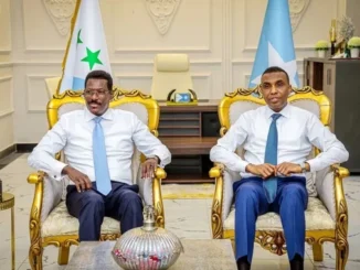 Ra'iisul wasaaraha xukuumadda federaalka Soomaaliya Xamse Cabdi Barre iyo Madaxweynaha maamulka Galmudug Axmed Cabdi Kaariye (Qoor-Qoor)