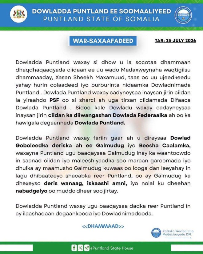 Puntland oo digniin u kala dirtay dowladda federaalka iyo maamulka Galmudug