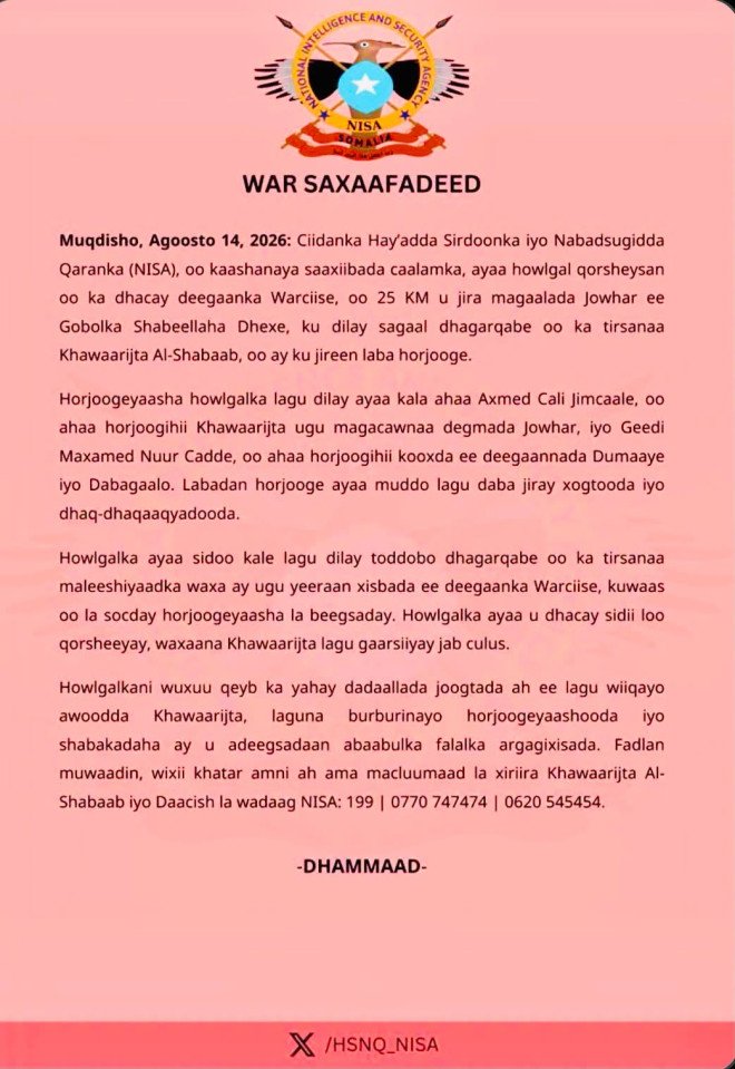 NISA oo shaaciyay inay howlgal qorsheysan ku dishay 9 xubnood oo ka tirsan Al-shabaab