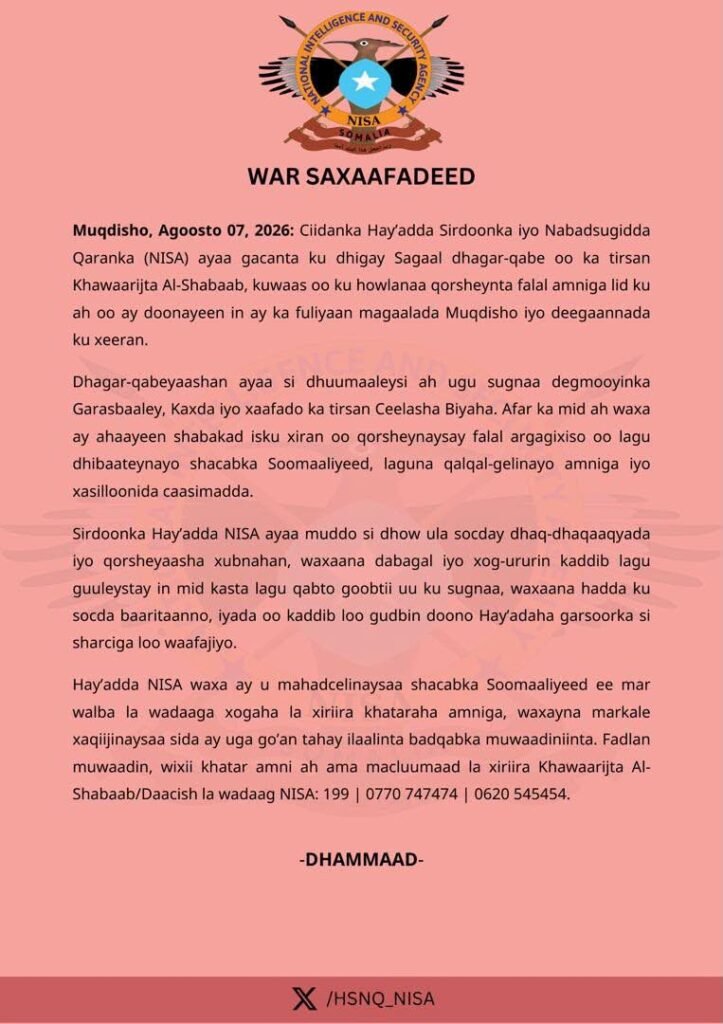 NISA oo Muqdisho ku qabatay sagaal xubnood oo lagu eedeeyay Al-shabaab