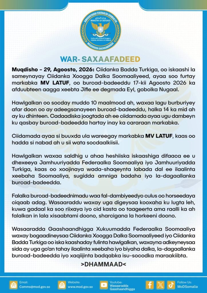 Ciidamada Soomaaliya iyo Turkiga oo soo furtay markab ay burcad-badeeddu afduubteen