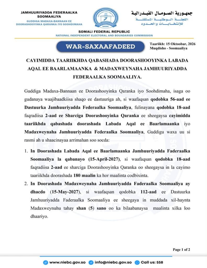 Guddiga doorashooyinka oo shaaciyay jadwalka doorashada madaxweynaha iyo baarlamaanka